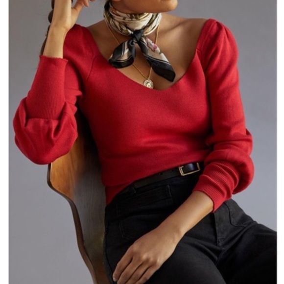 By Anthropologie Sweaters - Anthropologie Sweetheart Puff Sleeve Sweater Small Red Balloon Sleeve Pullover